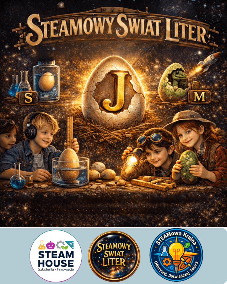 Dzieci eksperymentujące z jajkami i literami S, J, M. Napis: Steamowy Świat Liter.