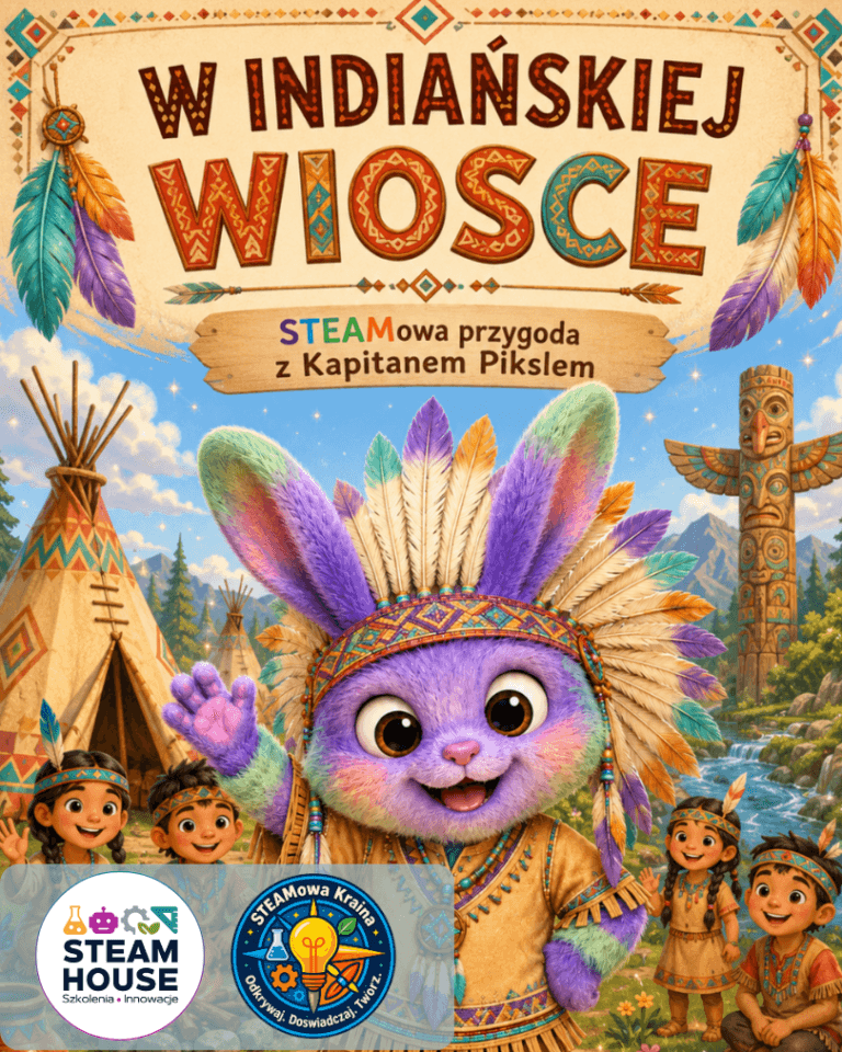 Kreskówkowy królik w pióropuszu z dziećmi, tipi, totemem. Tytuł: W Indiańskiej Wiosce.