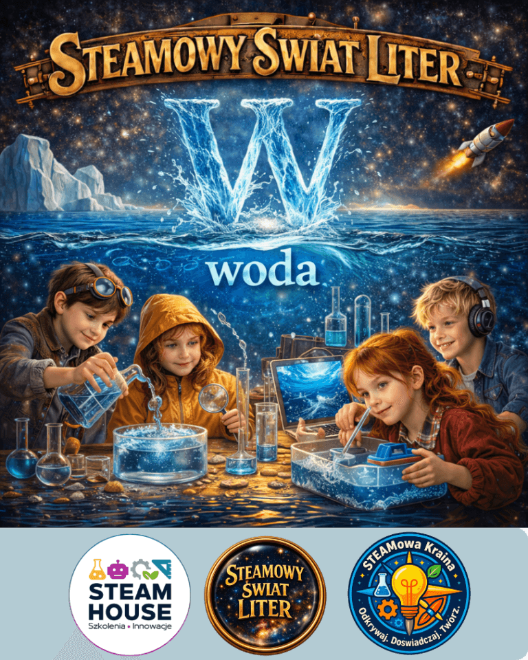 Dzieci eksperymentują z wodą, logo Steamowy Świat Liter, Woda, Steam House.