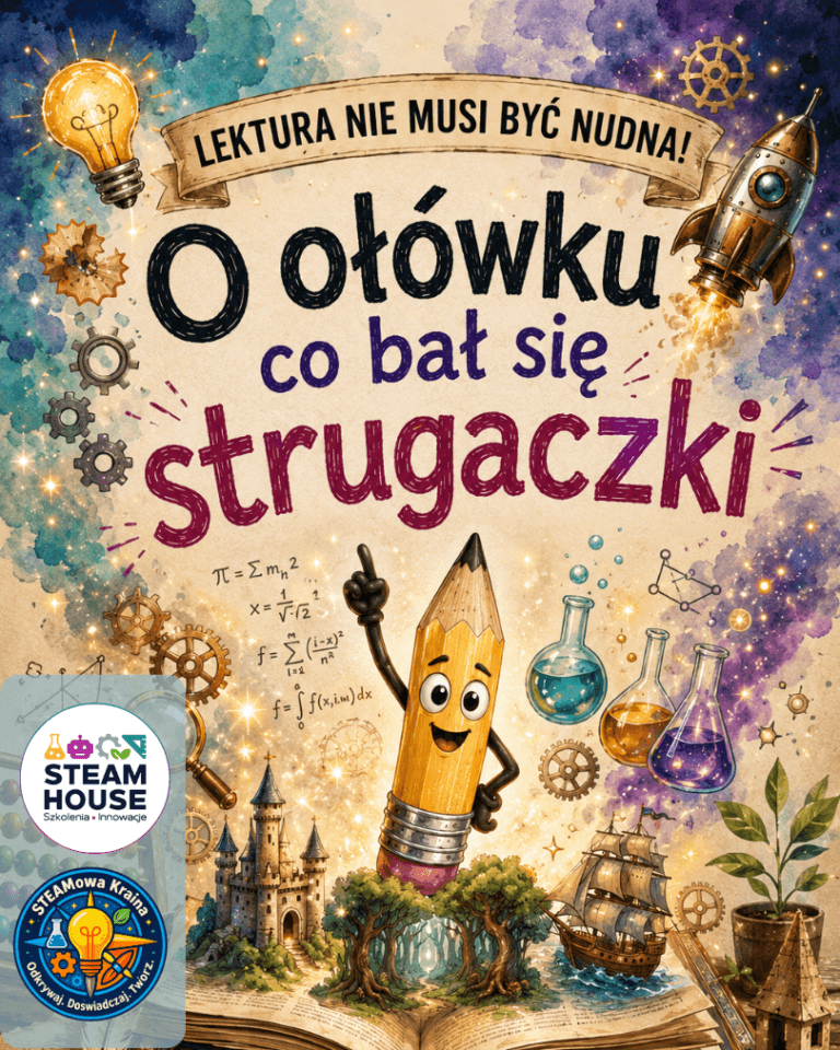 Okładka książki "O ołówku co bał się strugaczki" z elementami STEAM.