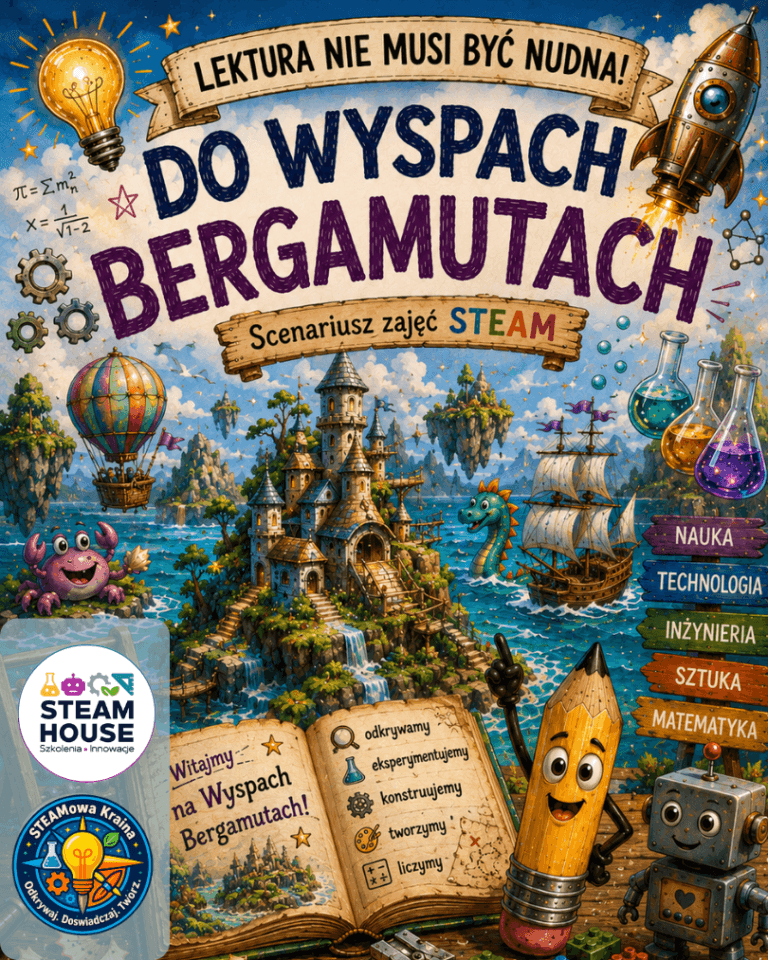 Ilustracja: książka "Do Wysp Bergamutach", scenariusz zajęć STEAM, lista przedmiotów.