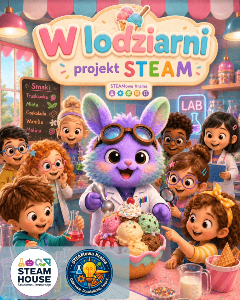 Dzieci i fioletowy królik w laboratorium, robią lody. Napis: "W lodziarni projekt STEAM".